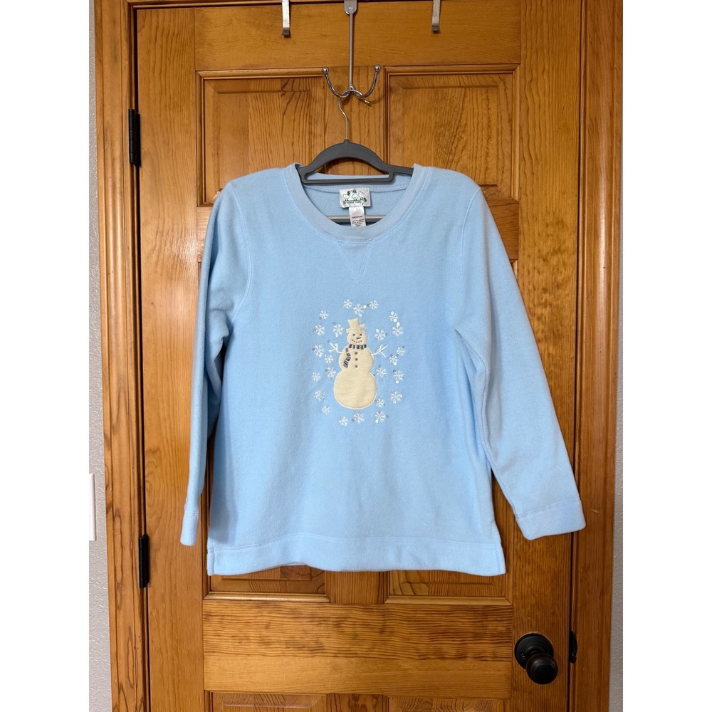 The Quacker Factory Women's Snowman Fleece Sweatshirt Light Blue Medium